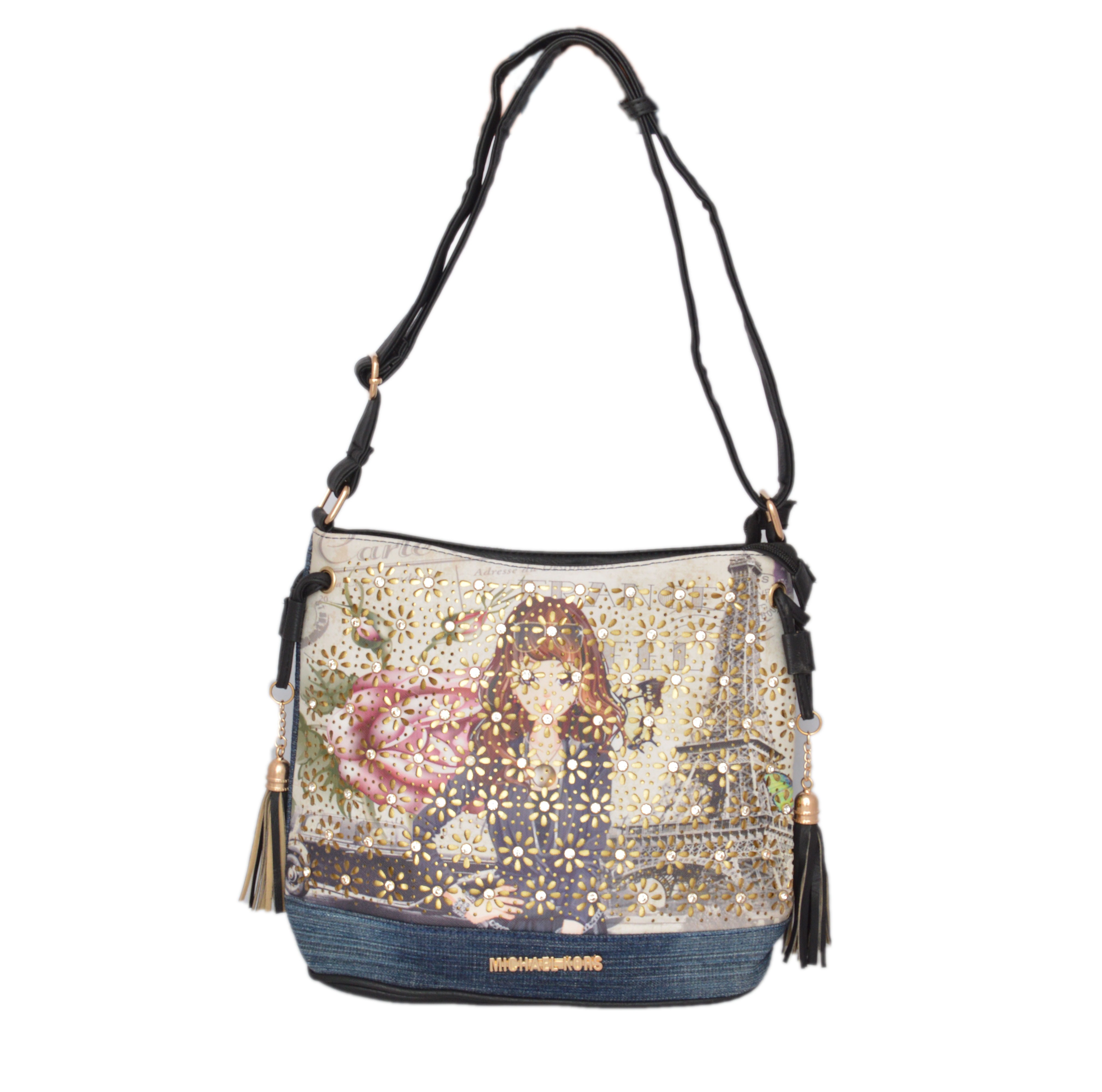 Shopaholic Fashion Denim Printed Designer Crystal Studded Sling Bag