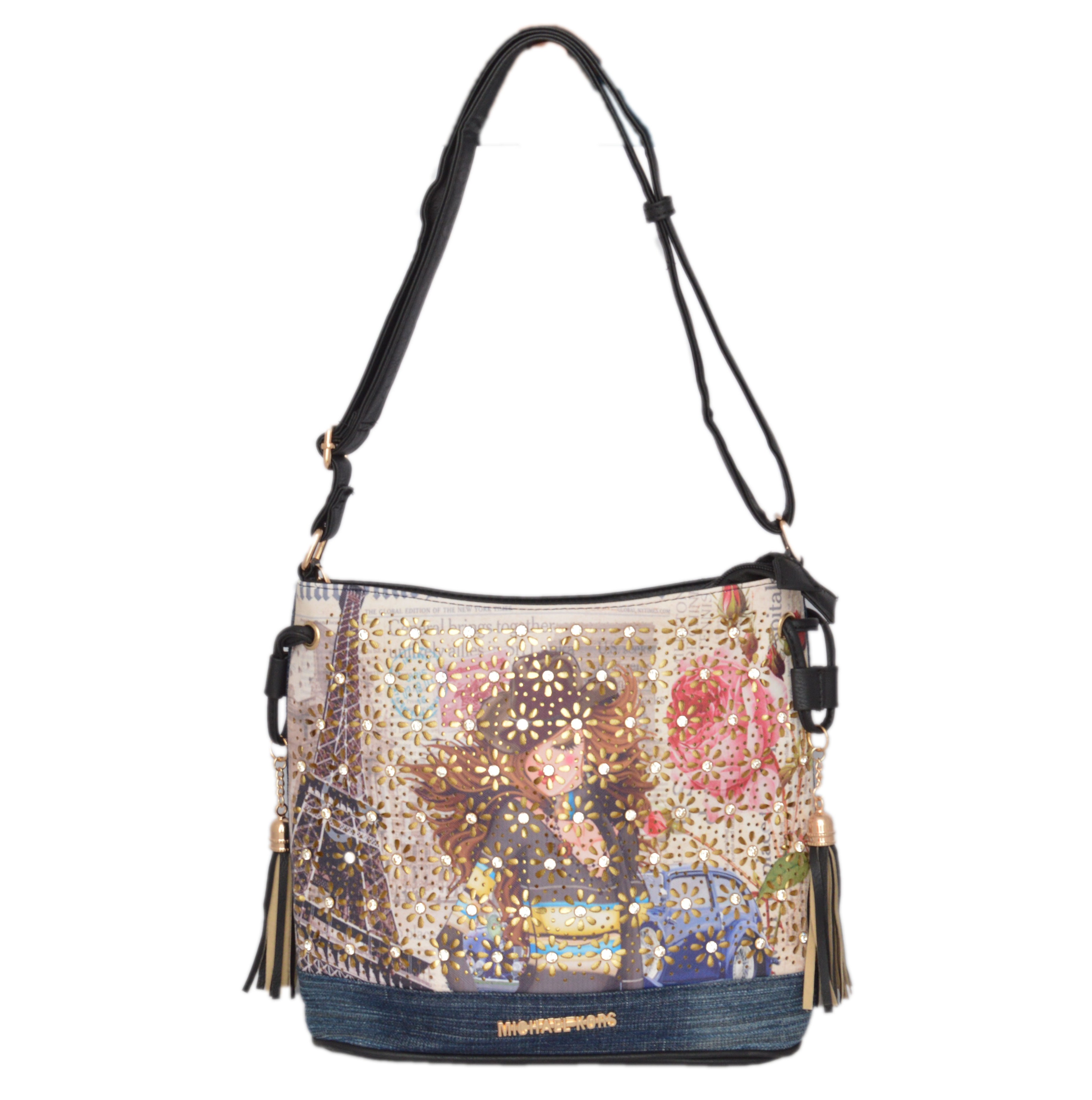 Shopaholic Fashion Denim Printed Designer Crystal Studded Sling Bag