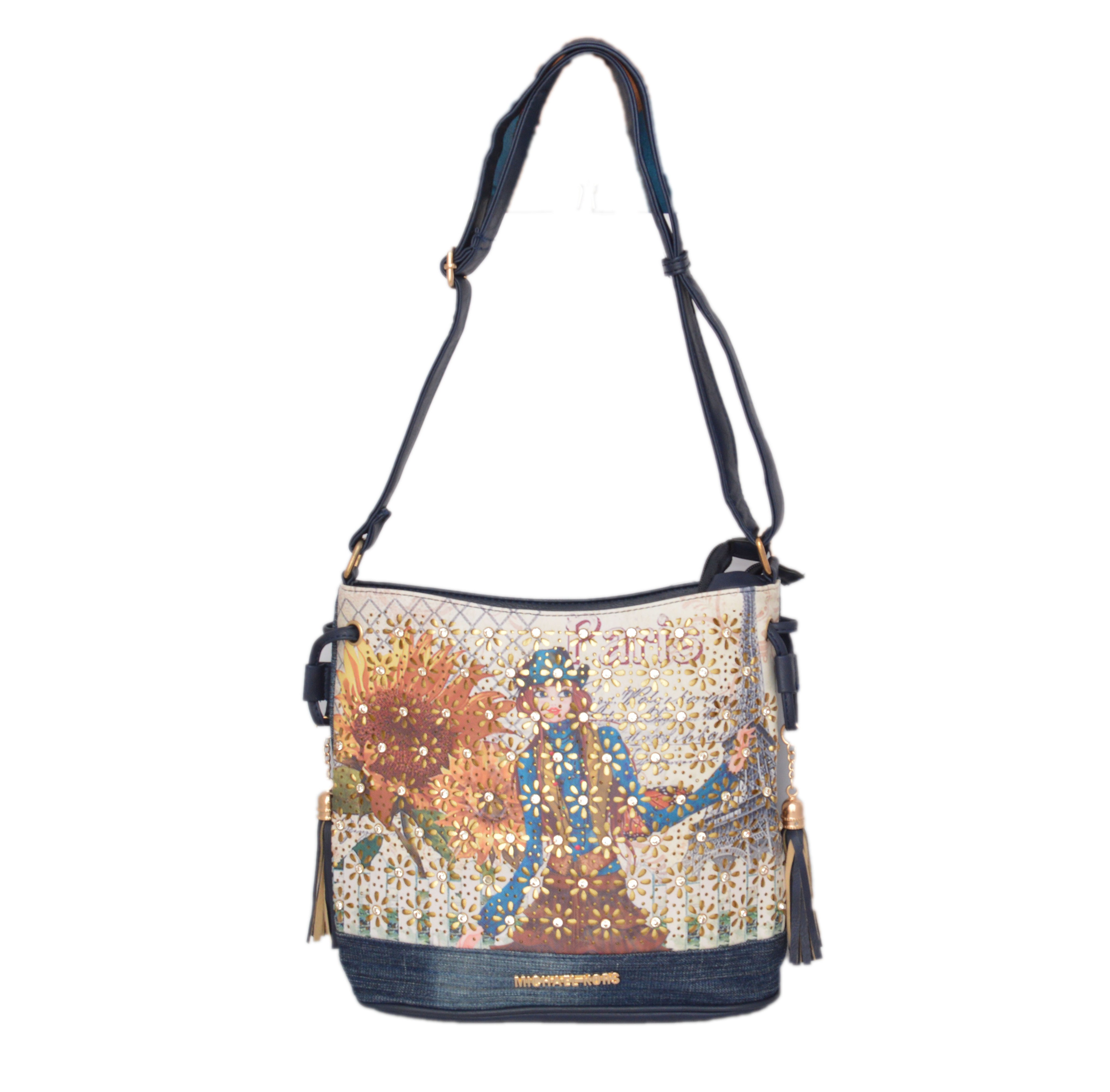 Shopaholic Fashion Denim Printed Deginer Crystal Studded Sling Bag