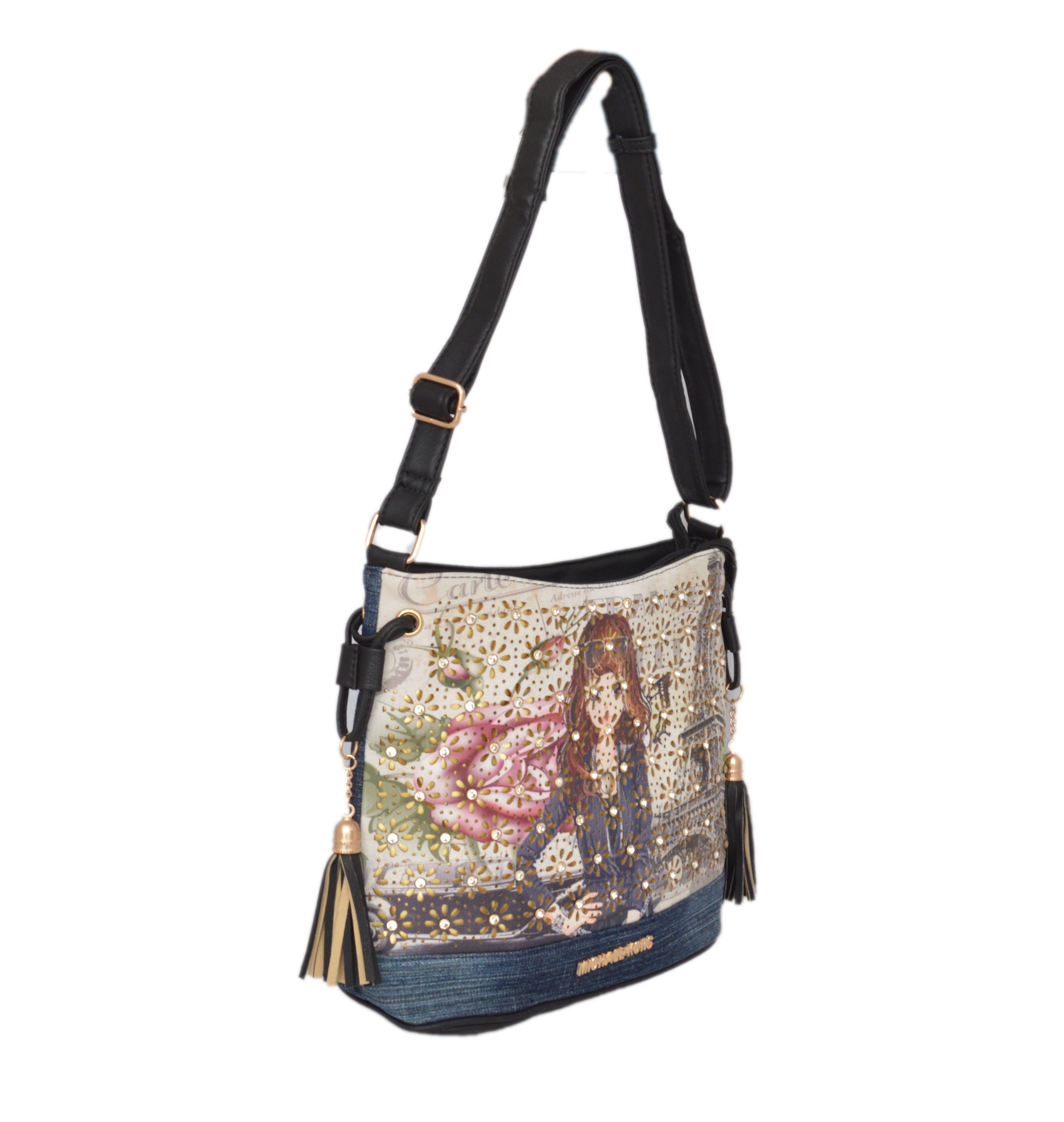 Shopaholic Fashion Denim Printed Designer Crystal Studded Sling Bag