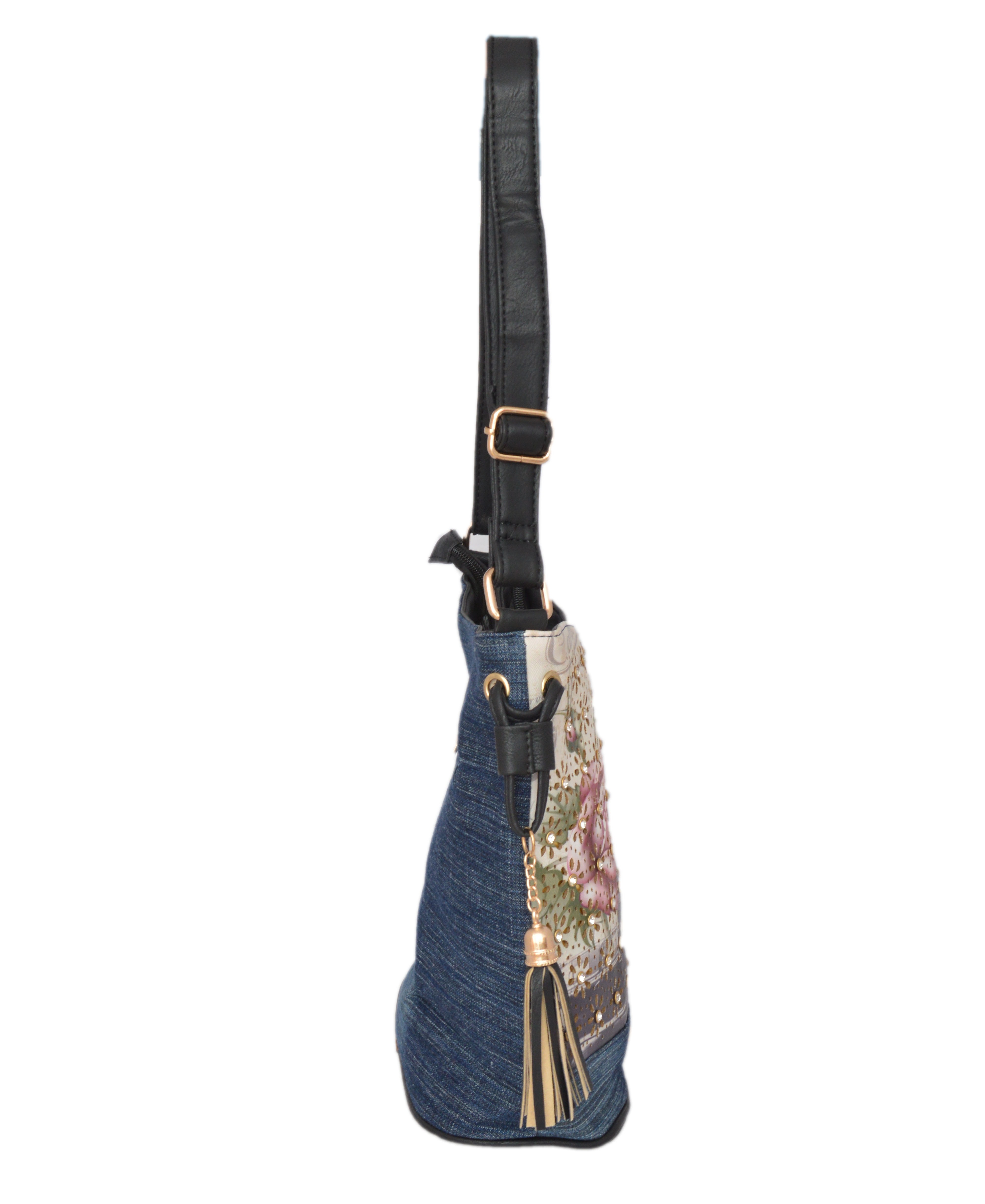 Shopaholic Fashion Denim Printed Designer Crystal Studded Sling Bag