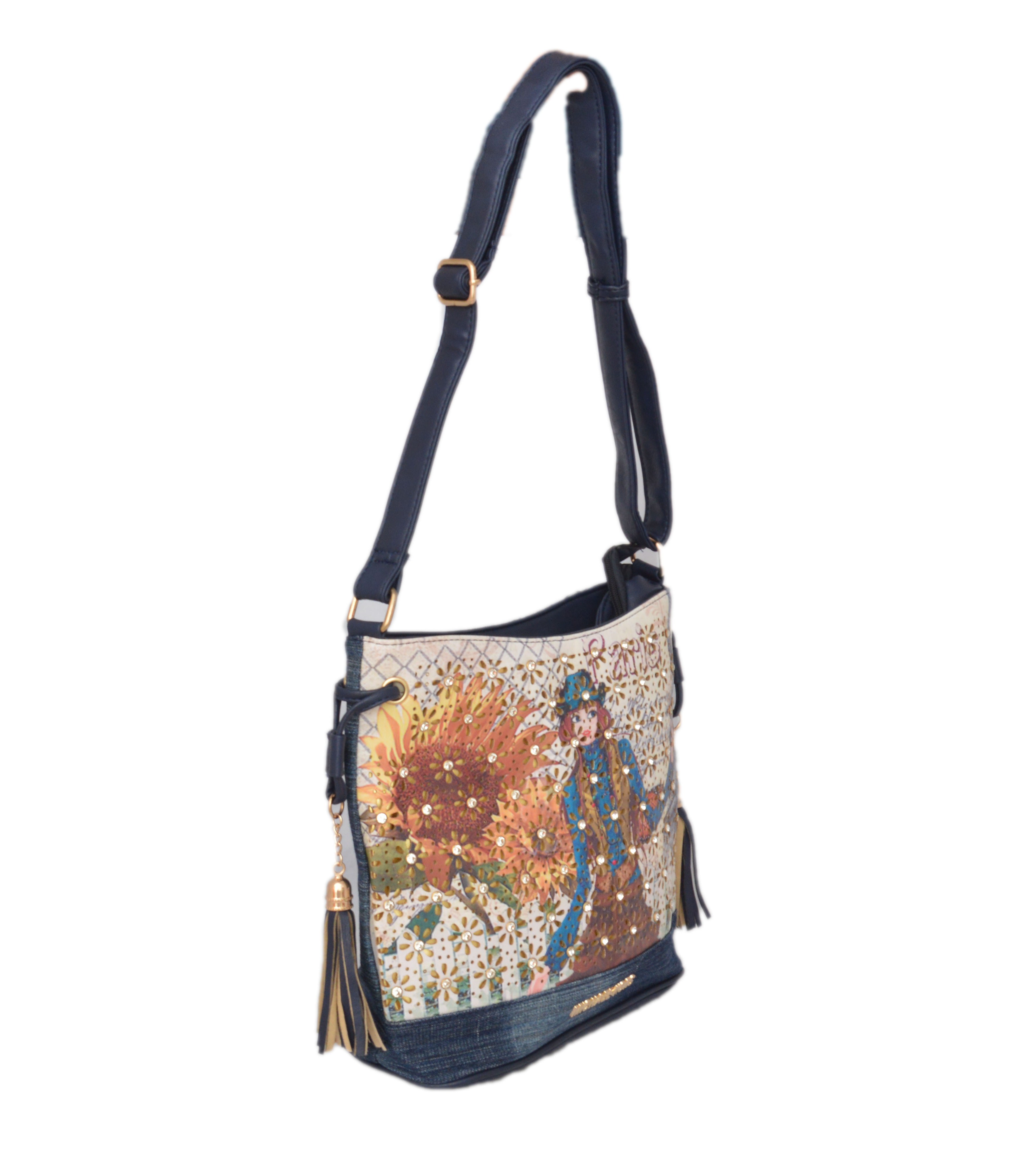 Shopaholic Fashion Denim Printed Deginer Crystal Studded Sling Bag