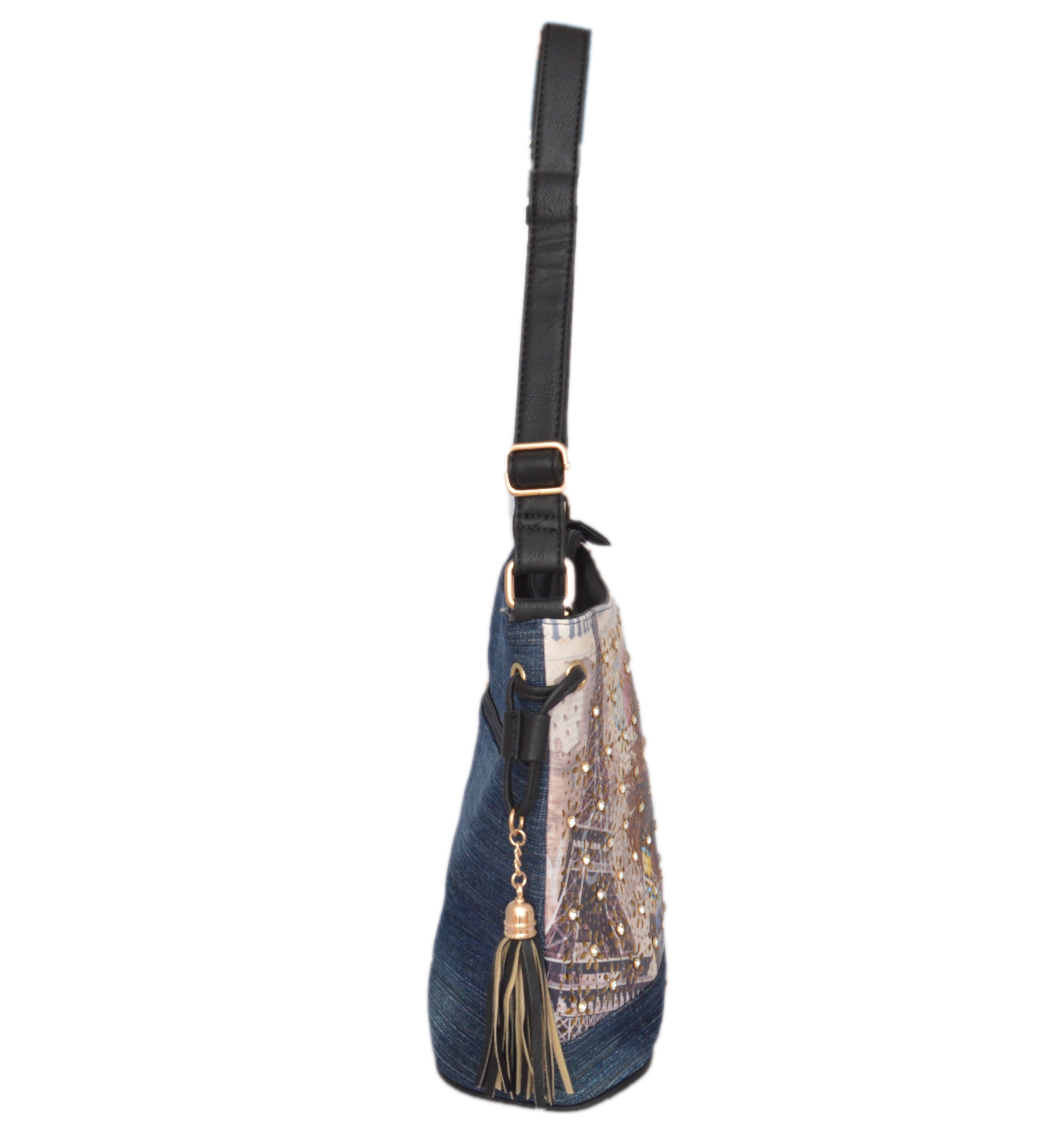 Shopaholic Fashion Denim Printed Designer Crystal Studded Sling Bag