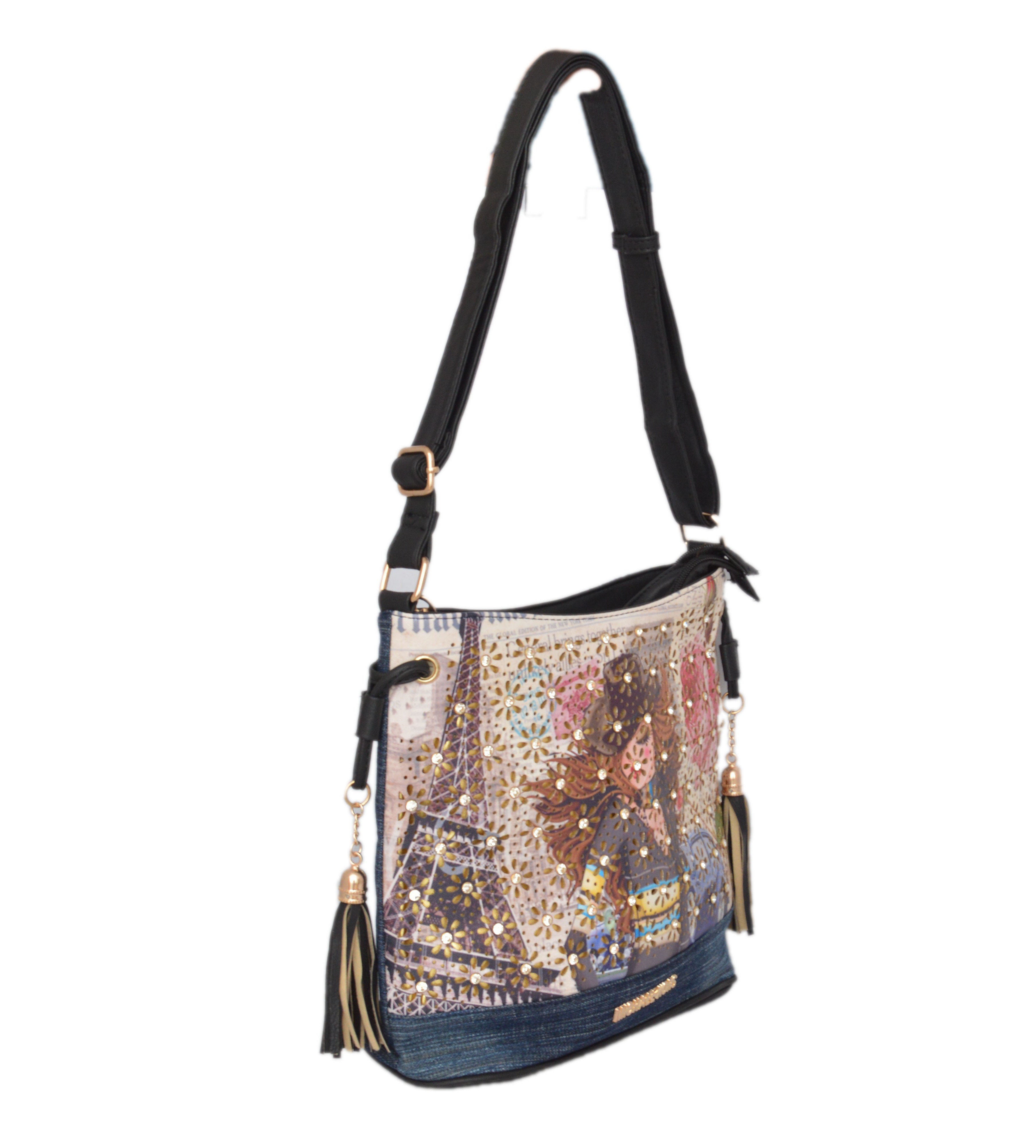 Shopaholic Fashion Denim Printed Designer Crystal Studded Sling Bag