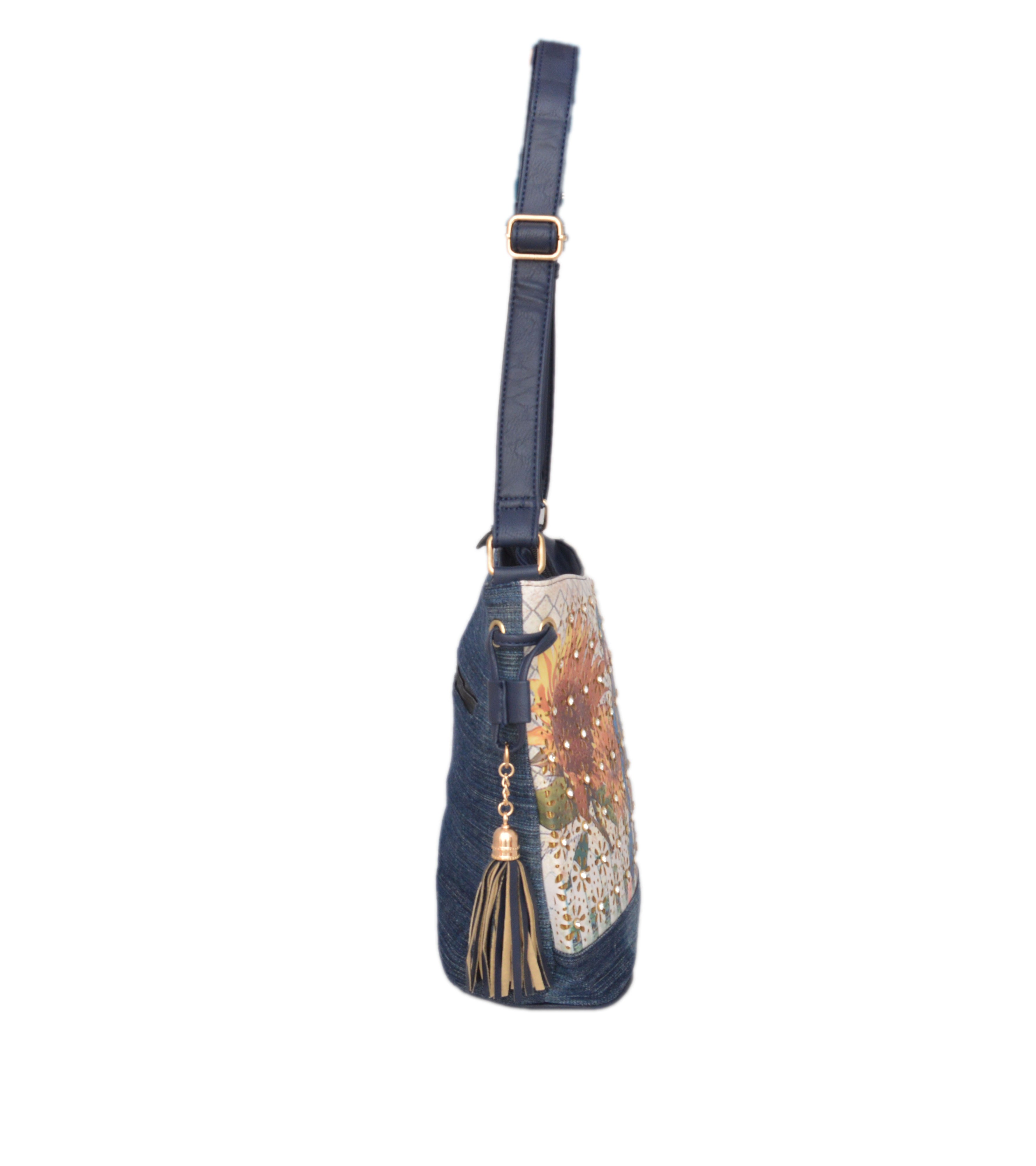 Shopaholic Fashion Denim Printed Deginer Crystal Studded Sling Bag
